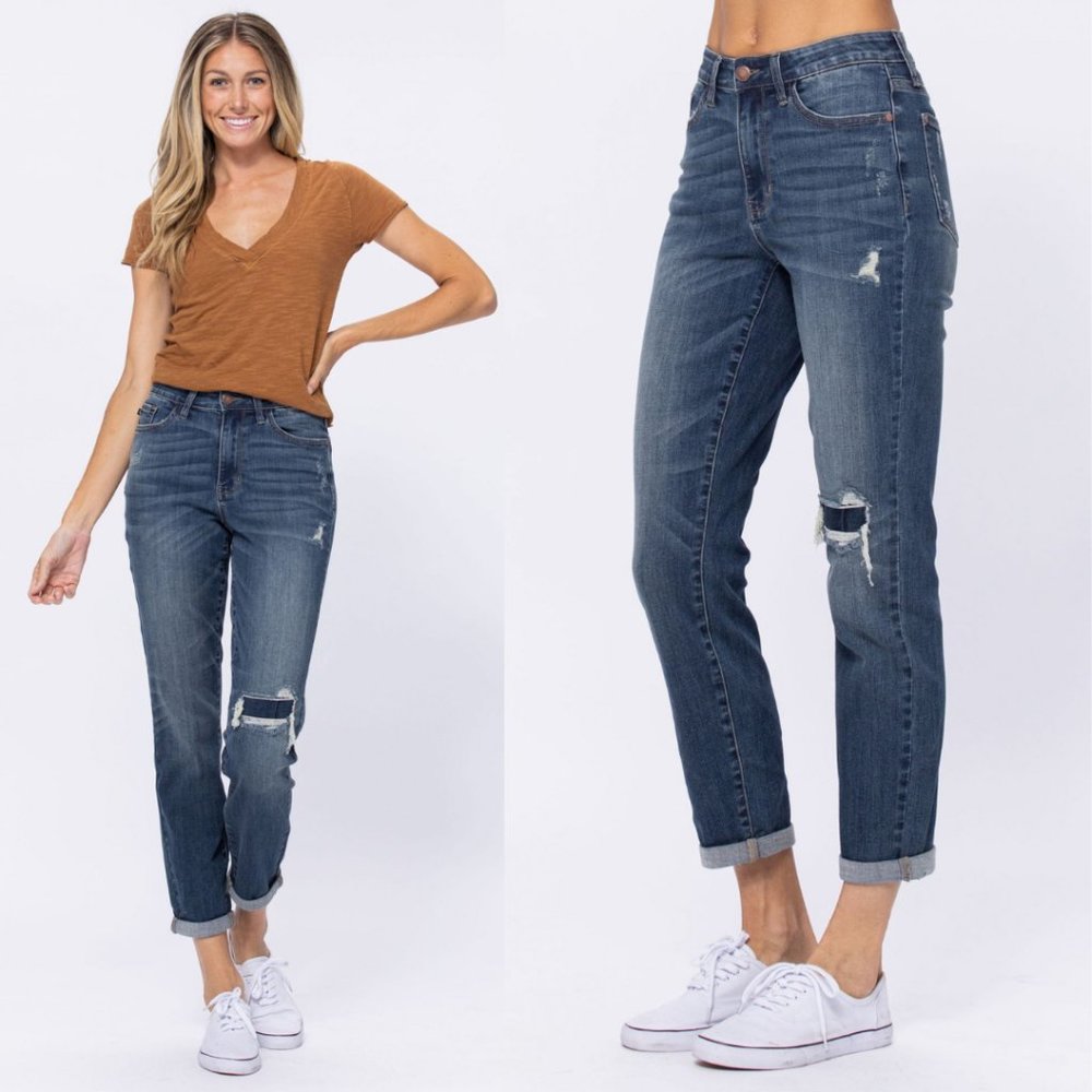 Judy Blue Destroyed Knee Patch Boyfriend Jeans